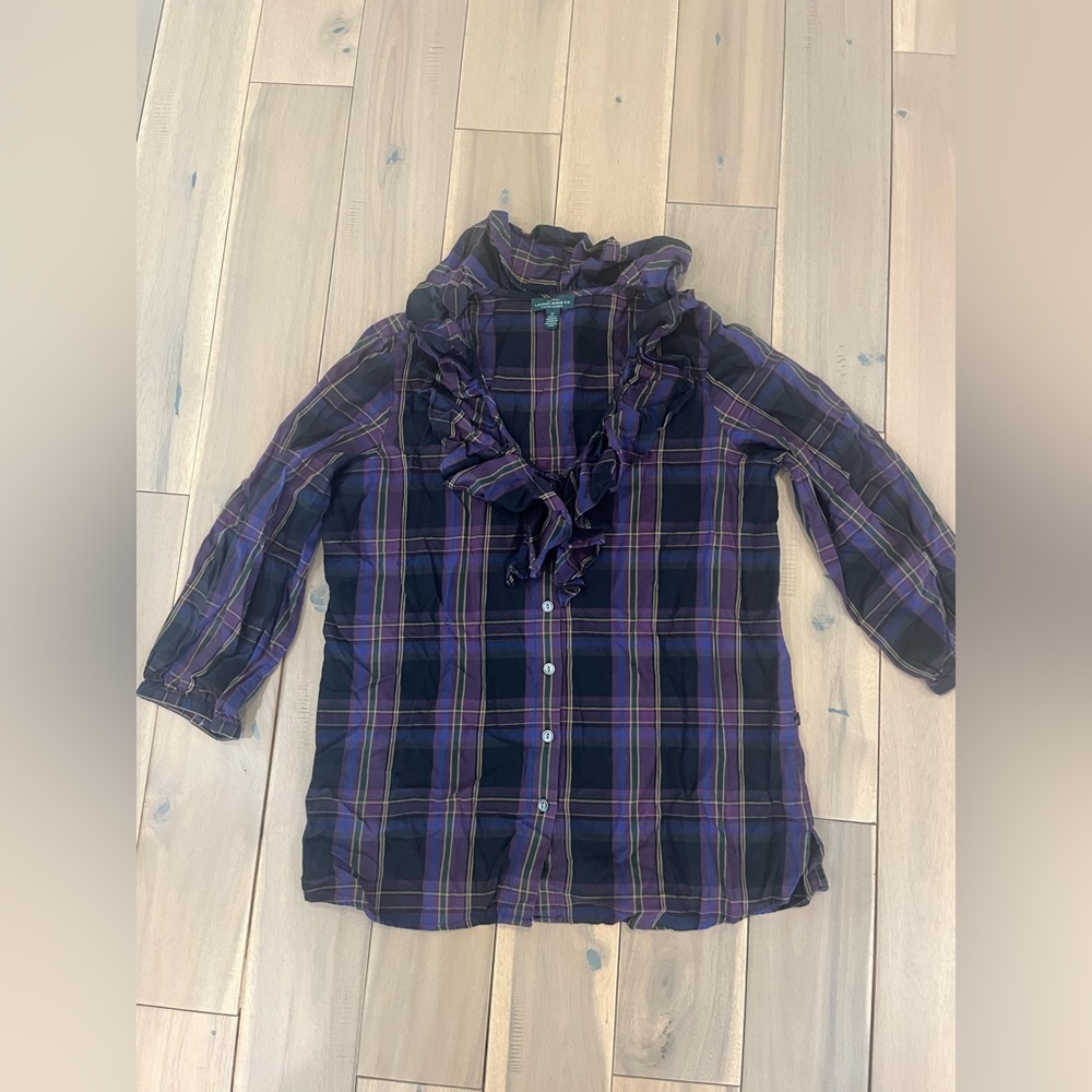 LRL Jeans Co Ralph Lauren Purple and Black Plaid Button Down Blouse